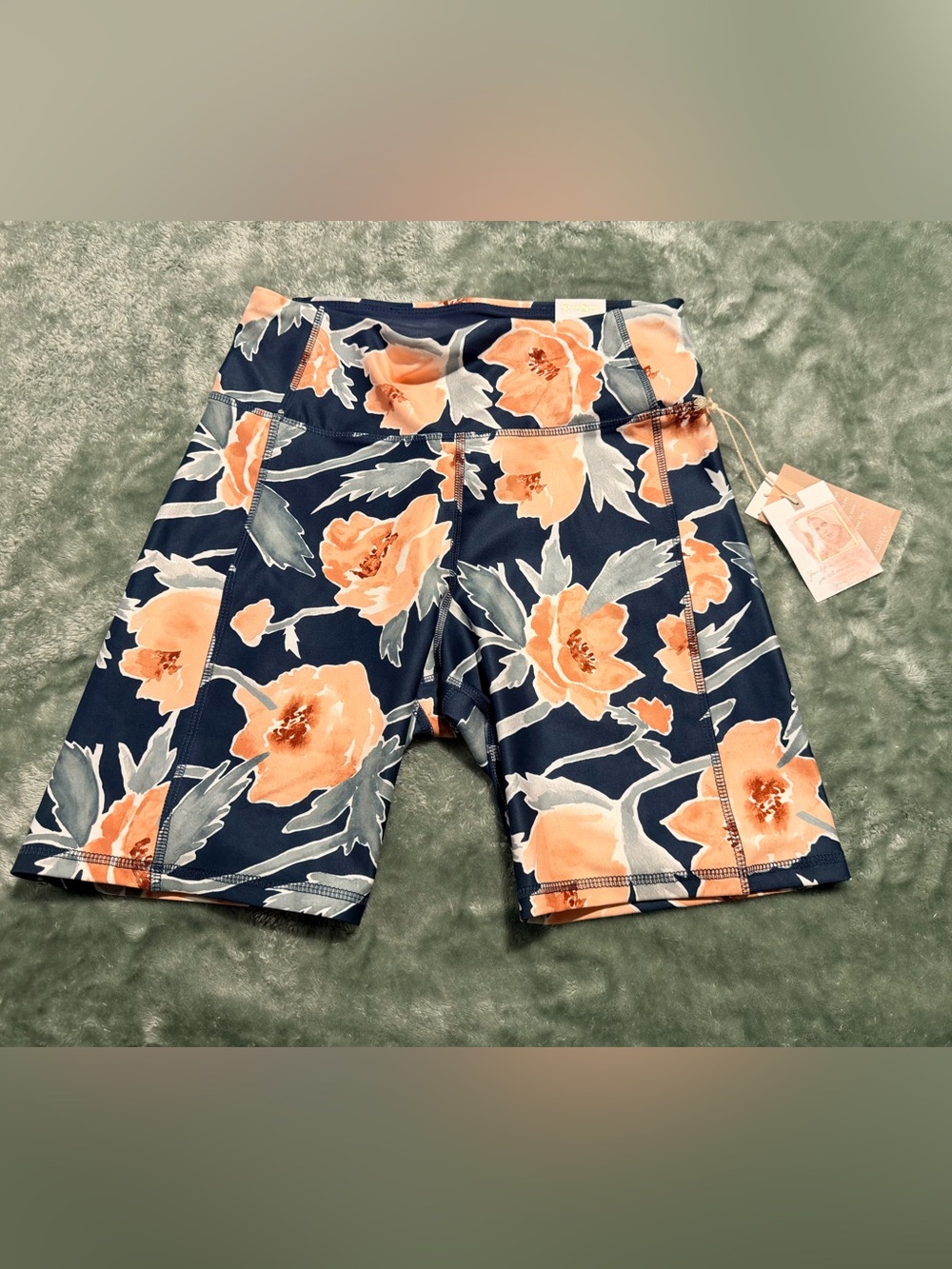 Jessica Simpson Slimtek Navy and Peach Floral High-Rise Athletic Bike Shorts